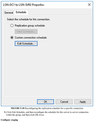 FIGURE 5-30 Reconfiguring the replication schedule for a specific connection
5. Click Edit Schedule, and then reconfigure the schedule for this server to server connection
within the group, and then click OK twice.
Configure staging
 
