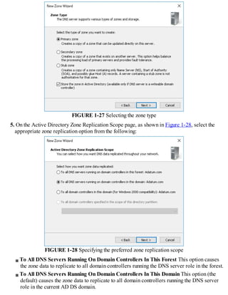 FIGURE 1-27 Selecting the zone type
5. On the Active Directory Zone Replication Scope page, as shown in Figure 1-28, select the
appropriate zone replication option from the following:
FIGURE 1-28 Specifying the preferred zone replication scope
To All DNS Servers Running On Domain Controllers In This Forest This option causes
the zone data to replicate to all domain controllers running the DNS server role in the forest.
To All DNS Servers Running On Domain Controllers In This Domain This option (the
default) causes the zone data to replicate to all domain controllers running the DNS server
role in the current AD DS domain.
 
