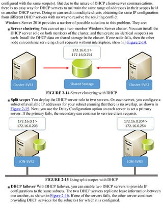 configured with the same scope(s). But due to the nature of DHCP client-server communications,
there is no easy way for DHCP servers to maintain the same range of addresses in their scopes held
on another DHCP server. Doing so can result in multiple clients obtaining the same IP configuration
from different DHCP servers with no way to resolve the resulting conflict.
Windows Server 2016 provides a number of possible solutions to this problem. They are:
Server clustering You can set up a two-member Windows Server cluster. You can install the
DHCP server role on both members of the cluster, and then create an identical scope(s) on
each. Install the DHCP data on shared storage in the cluster. If one node fails, then the other
node can continue servicing client requests without interruption, shown in Figure 2-14.
FIGURE 2-14 Server clustering with DHCP
Split scopes You deploy the DHCP server role to two servers. On each server, you configure a
subset of available IP addresses for your subnet ensuring that there is no overlap, as shown in
Figure 2-15. Next, you use the Delay Configuration option on each server to set a primary
server. If the primary fails, the secondary can continue to service client requests.
FIGURE 2-15 Using split scopes with DHCP
DHCP failover With DHCP failover, you can enable two DHCP servers to provide IP
configurations to the same subnets. The two DHCP servers replicate lease information between
one another, as shown in Figure 2-16. If one of the servers fails, the other server continues
providing DHCP services for the subnet(s) for which it is configured.
 