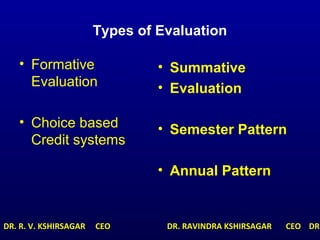 Types of Evaluation
• Formative
Evaluation
• Choice based
Credit systems
• Summative
• Evaluation
• Semester Pattern
• Annual Pattern
DR. R. V. KSHIRSAGAR CEO DR. RAVINDRA KSHIRSAGAR CEO DR.
 