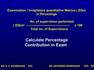Examination / Invigilators quantitative Metrics ( EQn)
in Percentage
No. of supervision performed
( EQn)= ----------------------------------------- x 100
Total no. of Supervisions
Calculate Percentage
Contribution in Exam:
DR. R. V. KSHIRSAGAR CEO DR. RAVINDRA KSHIRSAGAR CEO DR.
 