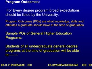 Program Outcomes:
For Every degree program broad expectations
should be listed by the University.
Program Outcomes (POs) are what knowledge, skills and
attitudes a graduate should have at the time of graduation.
Sample POs of General Higher Education
Programs:
Students of all undergraduate general degree
programs at the time of graduation will be able
to--------
DR. R. V. KSHIRSAGAR CEO DR. RAVINDRA KSHIRSAGAR CEO DR.
 
