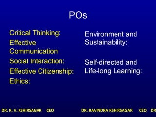 POs
Critical Thinking:
Effective
Communication:
Social Interaction:
Effective Citizenship:
Ethics:
Environment and
Sustainability:
Self-directed and
Life-long Learning:
DR. R. V. KSHIRSAGAR CEO DR. RAVINDRA KSHIRSAGAR CEO DR.
 