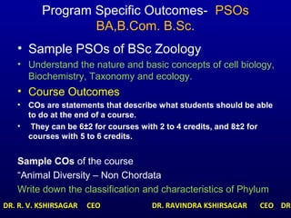 Program Specific Outcomes- PSOs
BA,B.Com. B.Sc.
• Sample PSOs of BSc Zoology
• Understand the nature and basic concepts of cell biology,
Biochemistry, Taxonomy and ecology.
• Course Outcomes
• COs are statements that describe what students should be able
to do at the end of a course.
• They can be 6±2 for courses with 2 to 4 credits, and 8±2 for
courses with 5 to 6 credits.
Sample COs of the course
“Animal Diversity – Non Chordata”
Write down the classification and characteristics of Phylum
DR. R. V. KSHIRSAGAR CEO DR. RAVINDRA KSHIRSAGAR CEO DR.
 