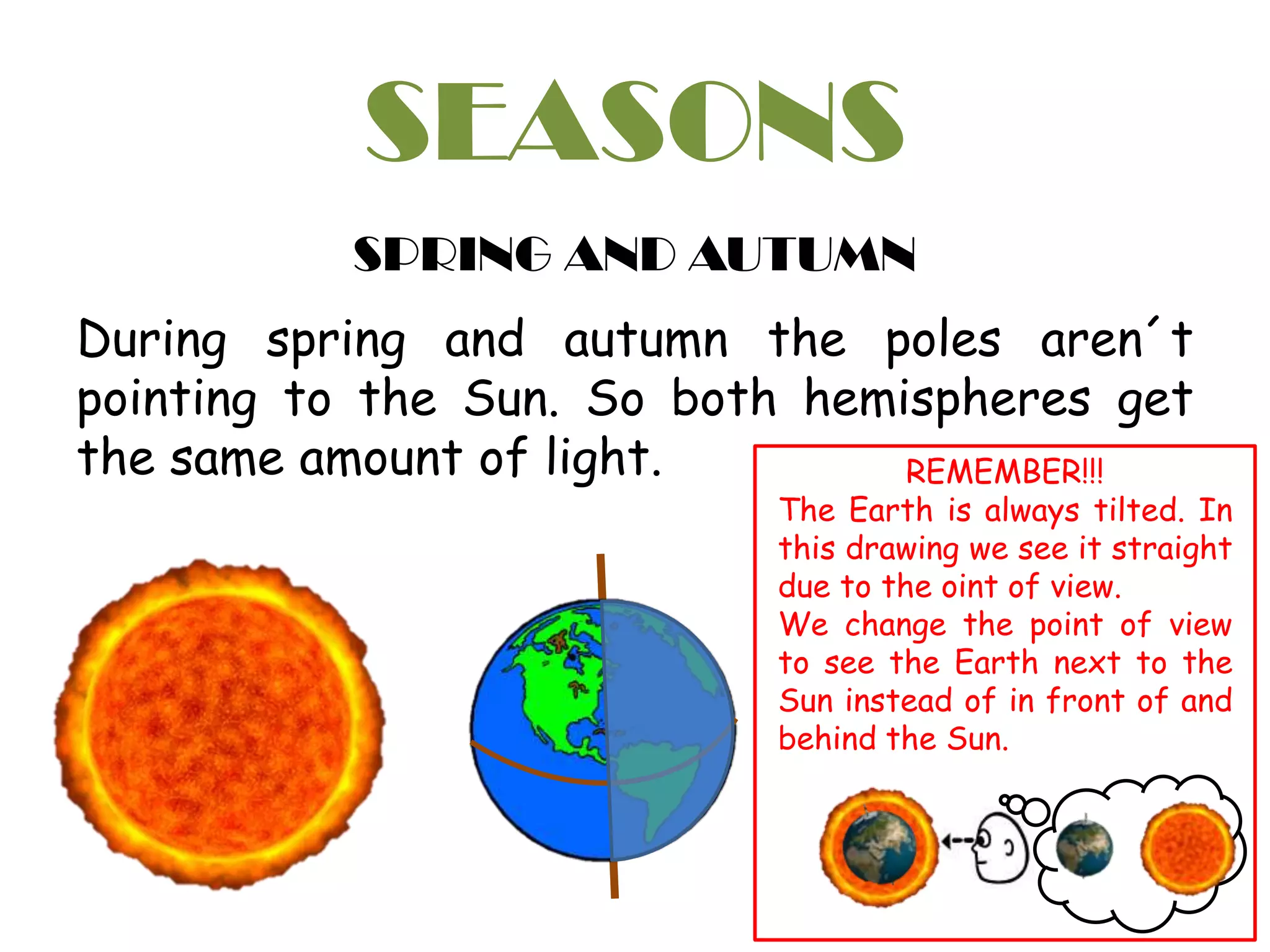 SEASONS
SPRING AND AUTUMN
During spring and autumn the poles aren´t
pointing to the Sun. So both hemispheres get
the same amount of light. REMEMBER!!!
The Earth is always tilted. In
this drawing we see it straight
due to the oint of view.
We change the point of view
to see the Earth next to the
Sun instead of in front of and
behind the Sun.
 