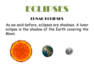 ECLIPSES
LUNAR ECLIPSES
As we said before, eclipses are shadows. A lunar
eclipse is the shadow of the Earth covering the
Moon.
 
