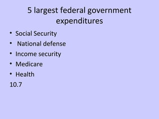 5 largest federal government 
expenditures 
• Social Security 
• National defense 
• Income security 
• Medicare 
• Health 
10.7 
 