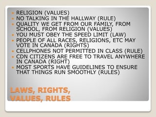 LAWS, RIGHTS,
VALUES, RULES
 RELIGION (VALUES)
 NO TALKING IN THE HALLWAY (RULE)
 QUALITY WE GET FROM OUR FAMILY, FROM
SCHOOL, FROM RELIGION (VALUES)
 YOU MUST OBEY THE SPEED LIMIT (LAW)
 PEOPLE OF ALL RACES, RELIGIONS, ETC MAY
VOTE IN CANADA (RIGHTS)
 CELLPHONES NOT PERMITTED IN CLASS (RULE)
 CDN CITIZENS ARE FREE TO TRAVEL ANYWHERE
IN CANADA (RIGHT)
 MOST SPORTS HAVE GUIDELINES TO ENSURE
THAT THINGS RUN SMOOTHLY (RULES)
 