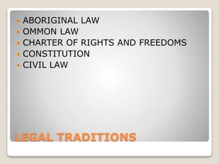 LEGAL TRADITIONS
 ABORIGINAL LAW
 OMMON LAW
 CHARTER OF RIGHTS AND FREEDOMS
 CONSTITUTION
 CIVIL LAW
 