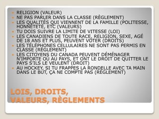LOIS, DROITS,
VALEURS, RÈGLEMENTS
 RELIGION (VALEUR)
 NE PAS PARLER DANS LA CLASSE (RÈGLEMENT)
 LES QUALITÉS QUI VIENNENT DE LA FAMILLE (POLITESSE,
HONNÊTETÉ, ETC (VALEURS)
 TU DOIS SUIVRE LA LIMITE DE VITESSE (LOI)
 LES CANADIENS DE TOUTE RACE, RELIGION, SEXE, AGÉ
DE 18 ANS ET PLUS, PEUVENT VOTER (DROITS)
 LES TÉLÉPHONES CELLULAIRES NE SONT PAS PERMIS EN
CLASSE (RÈGLEMENT)
 LES CITOYENS DU CANADA PEUVENT DÉMÉNAGER
N’IMPORTE OÙ AU PAYS, ET ONT LE DROIT DE QUITTER LE
PAYS S’ILS LE VEULENT (DROIT)
 AU HOCKEY, SI TU FRAPPES LA RONDELLE AVEC TA MAIN
DANS LE BUT, ÇA NE COMPTE PAS (RÈGLEMENT)
 