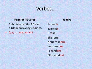 Verbes...
Regular RE verbs
• Rule: take off the RE and
add the following endings.
• S, s, ...., ons, ez, ent
rendre
Je rends
Tu rends
Il rend
Elle rend
Nous rendons
Vous rendez
Ils rendent
Elles rendent
 