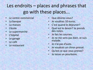 Les endroits – places and phrases that
go with these places...
• Le centre commercial
• La banque
• La maison
• L’école
• Le supermarché
• L’hôpital
• Le garage
• Le café
• Le restaurant
• Que désirez-vous?
• Je voudrais 10 euros.
• C’est quand le déjeuner?
• Quel est le devoir? Je prends
des notes.
• Je fais les courses.
• Je ne me sens pas bien. Je suis
malade.
• Je n’ai pas d’auto.
• Je voudrais un citron pressé.
• Qu’est-ce que vous prenez?
• Je laisse un pourboire.
 