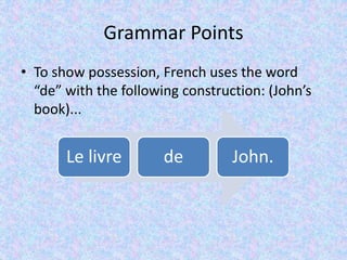 Grammar Points
• To show possession, French uses the word
“de” with the following construction: (John’s
book)...
Le livre de John.
 