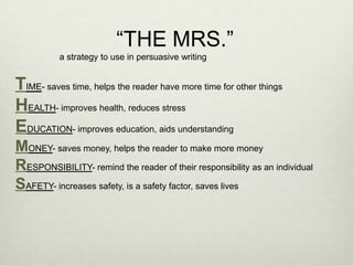 “THE MRS.”
          a strategy to use in persuasive writing


TIME- saves time, helps the reader have more time for other things
HEALTH- improves health, reduces stress
EDUCATION- improves education, aids understanding
MONEY- saves money, helps the reader to make more money
RESPONSIBILITY- remind the reader of their responsibility as an individual
SAFETY- increases safety, is a safety factor, saves lives
 