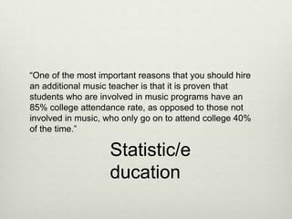 “One of the most important reasons that you should hire
an additional music teacher is that it is proven that
students who are involved in music programs have an
85% college attendance rate, as opposed to those not
involved in music, who only go on to attend college 40%
of the time.”

                   Statistic/e
                   ducation
 