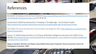 References
Bandwidth-Immediacy matrix by Daniel-Stanford https://www.iddblog.org/videoconferencing-alternatives-how-
low-bandwidth-teaching-will-save-us-all/ CC BY NC SA
Contact North (2020) How Assessment is Changing in The Digital Age - Five Guiding Principles.
https://teachonline.ca/tools-trends/how-assessment-changing-digital-age-five-guiding-principles
JISC (2020) The future of assessment: five principles, five targets for 2025. https://www.jisc.ac.uk/reports/the-
future-of-assessment
Young, J. R. (2020) Howard Gardner on His Theory of Multiple Intelligences and Lessons for COVID-19 Era.
EdSurge https://www.edsurge.com/news/2020-09-01-howard-gardner-on-his-theory-of-multiple-intelligences-
and-lessons-for-covid-19-era
Magnus Svendsen Nerheim and Robert Gray (2020) Online Exam Flowchart. Brock University’s Centre for
Pedagogical Innovation, 2020.
 