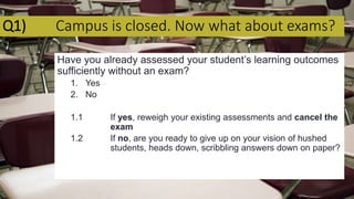 Q1) Campus is closed. Now what about exams?
Have you already assessed your student’s learning outcomes
sufficiently without an exam?
1. Yes
2. No
1.1 If yes, reweigh your existing assessments and cancel the
exam
1.2 If no, are you ready to give up on your vision of hushed
students, heads down, scribbling answers down on paper?
 