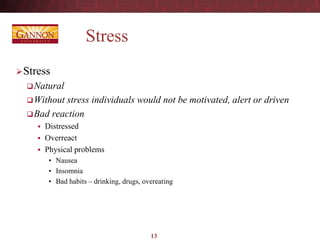 Stress
Stress
Natural
Without stress individuals would not be motivated, alert or driven
Bad reaction
 Distressed
 Overreact
 Physical problems
• Nausea
• Insomnia
• Bad habits – drinking, drugs, overeating
13
 
