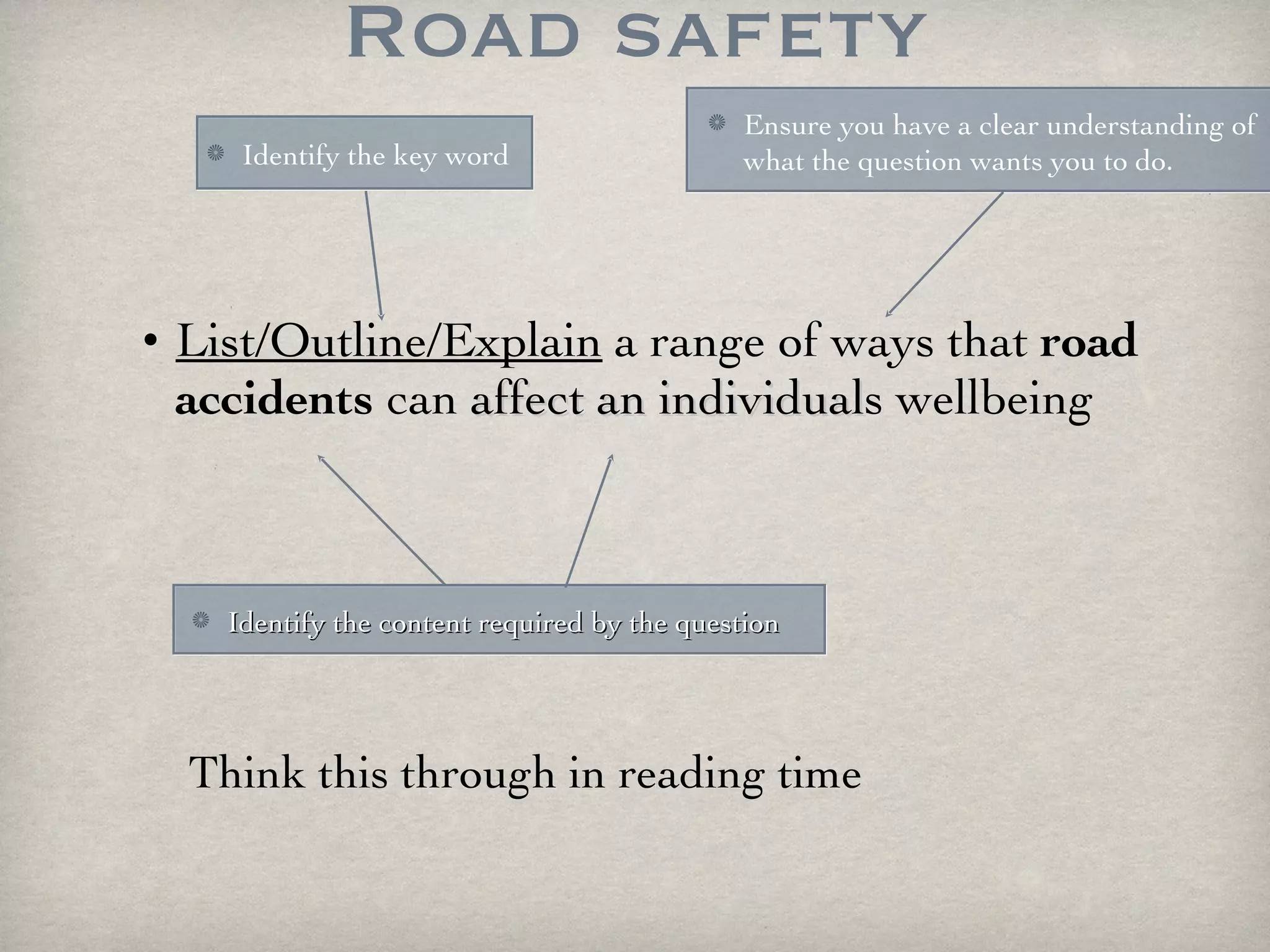 Road safety List/Outline/Explain  a range of ways that  road accidents  can  affect an individual s wellbeing Think this through in reading time Identify the key word Identify the content required by the question Ensure you have a clear understanding of what the question wants you to do. 