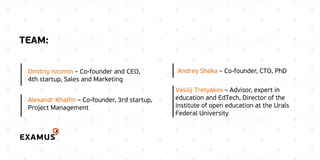 TEAM:
Alexandr Khalfin – Co-founder, 3rd startup,
Project Management
Vasilij Tretyakov – Advisor, expert in
education and EdTech, Director of the
institute of open education at the Urals
Federal University
Dmitriy Istomin – Co-founder and CEO,
4th startup, Sales and Marketing
Andrey Sheka – Co-founder, CTO, PhD
 