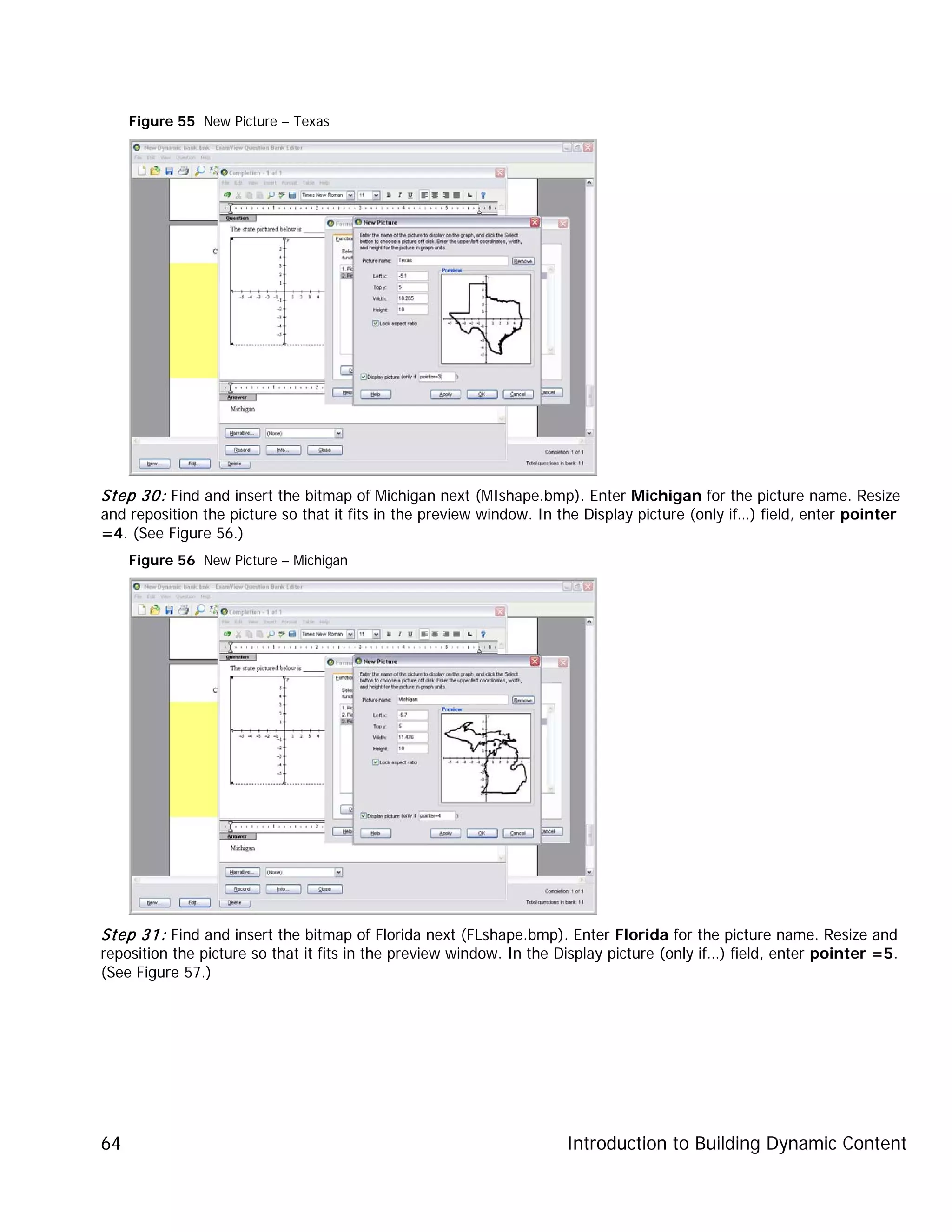 Introduction to Building Dynamic Content64
Figure 55 New Picture – Texas
Step 30: Find and insert the bitmap of Michigan next (MIshape.bmp). Enter Michigan for the picture name. Resize
and reposition the picture so that it fits in the preview window. In the Display picture (only if…) field, enter pointer
=4. (See Figure 56.)
Figure 56 New Picture – Michigan
Step 31: Find and insert the bitmap of Florida next (FLshape.bmp). Enter Florida for the picture name. Resize and
reposition the picture so that it fits in the preview window. In the Display picture (only if…) field, enter pointer =5.
(See Figure 57.)
 