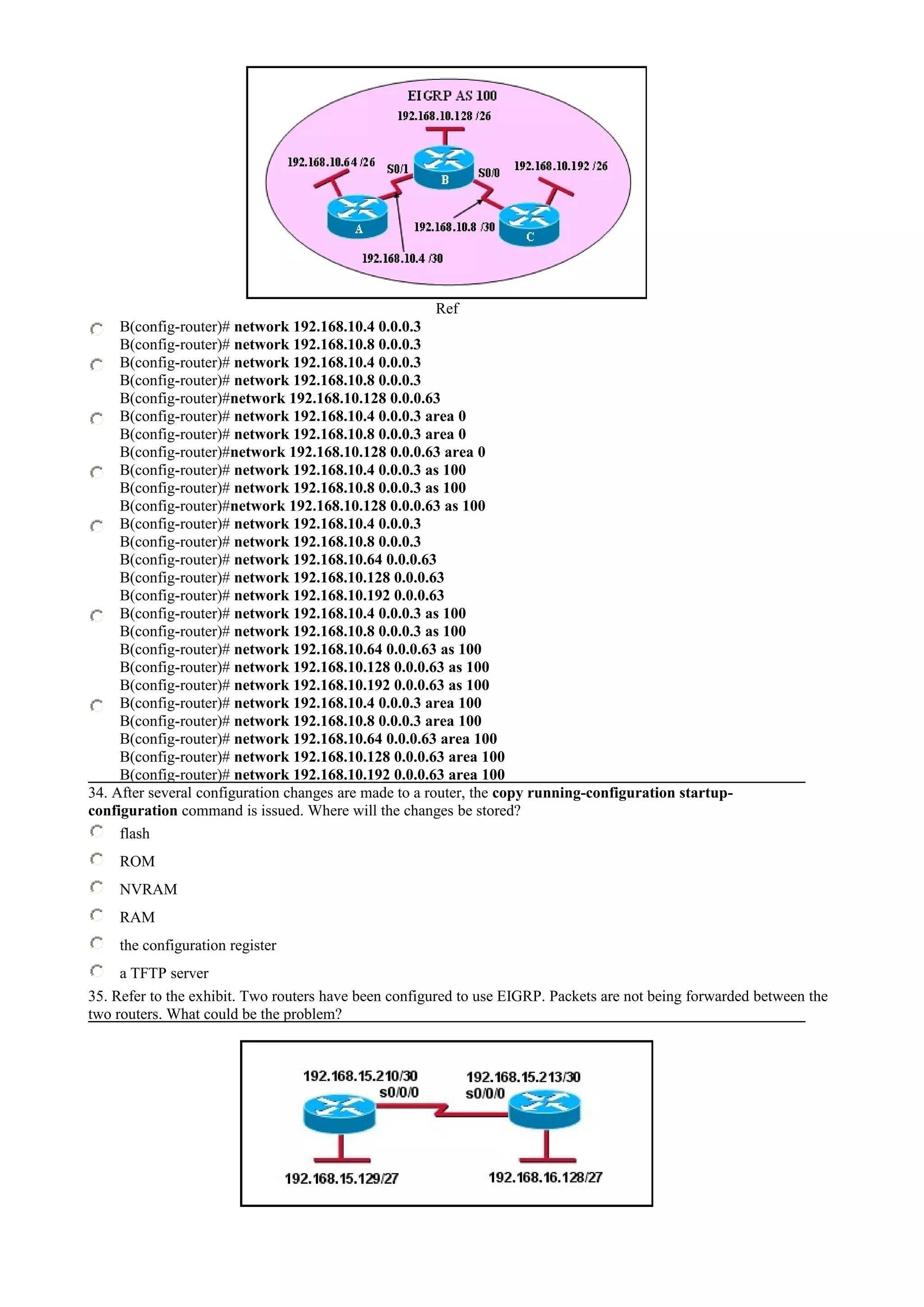 Ref
B(config-router)# network 192.168.10.4 0.0.0.3
B(config-router)# network 192.168.10.8 0.0.0.3
B(config-router)# network 192.168.10.4 0.0.0.3
B(config-router)# network 192.168.10.8 0.0.0.3
B(config-router)#network 192.168.10.128 0.0.0.63
B(config-router)# network 192.168.10.4 0.0.0.3 area 0
B(config-router)# network 192.168.10.8 0.0.0.3 area 0
B(config-router)#network 192.168.10.128 0.0.0.63 area 0
B(config-router)# network 192.168.10.4 0.0.0.3 as 100
B(config-router)# network 192.168.10.8 0.0.0.3 as 100
B(config-router)#network 192.168.10.128 0.0.0.63 as 100
B(config-router)# network 192.168.10.4 0.0.0.3
B(config-router)# network 192.168.10.8 0.0.0.3
B(config-router)# network 192.168.10.64 0.0.0.63
B(config-router)# network 192.168.10.128 0.0.0.63
B(config-router)# network 192.168.10.192 0.0.0.63
B(config-router)# network 192.168.10.4 0.0.0.3 as 100
B(config-router)# network 192.168.10.8 0.0.0.3 as 100
B(config-router)# network 192.168.10.64 0.0.0.63 as 100
B(config-router)# network 192.168.10.128 0.0.0.63 as 100
B(config-router)# network 192.168.10.192 0.0.0.63 as 100
B(config-router)# network 192.168.10.4 0.0.0.3 area 100
B(config-router)# network 192.168.10.8 0.0.0.3 area 100
B(config-router)# network 192.168.10.64 0.0.0.63 area 100
B(config-router)# network 192.168.10.128 0.0.0.63 area 100
B(config-router)# network 192.168.10.192 0.0.0.63 area 100
34. After several configuration changes are made to a router, the copy running-configuration startup-
configuration command is issued. Where will the changes be stored?
flash
ROM
NVRAM
RAM
the configuration register
a TFTP server
35. Refer to the exhibit. Two routers have been configured to use EIGRP. Packets are not being forwarded between the
two routers. What could be the problem?
 