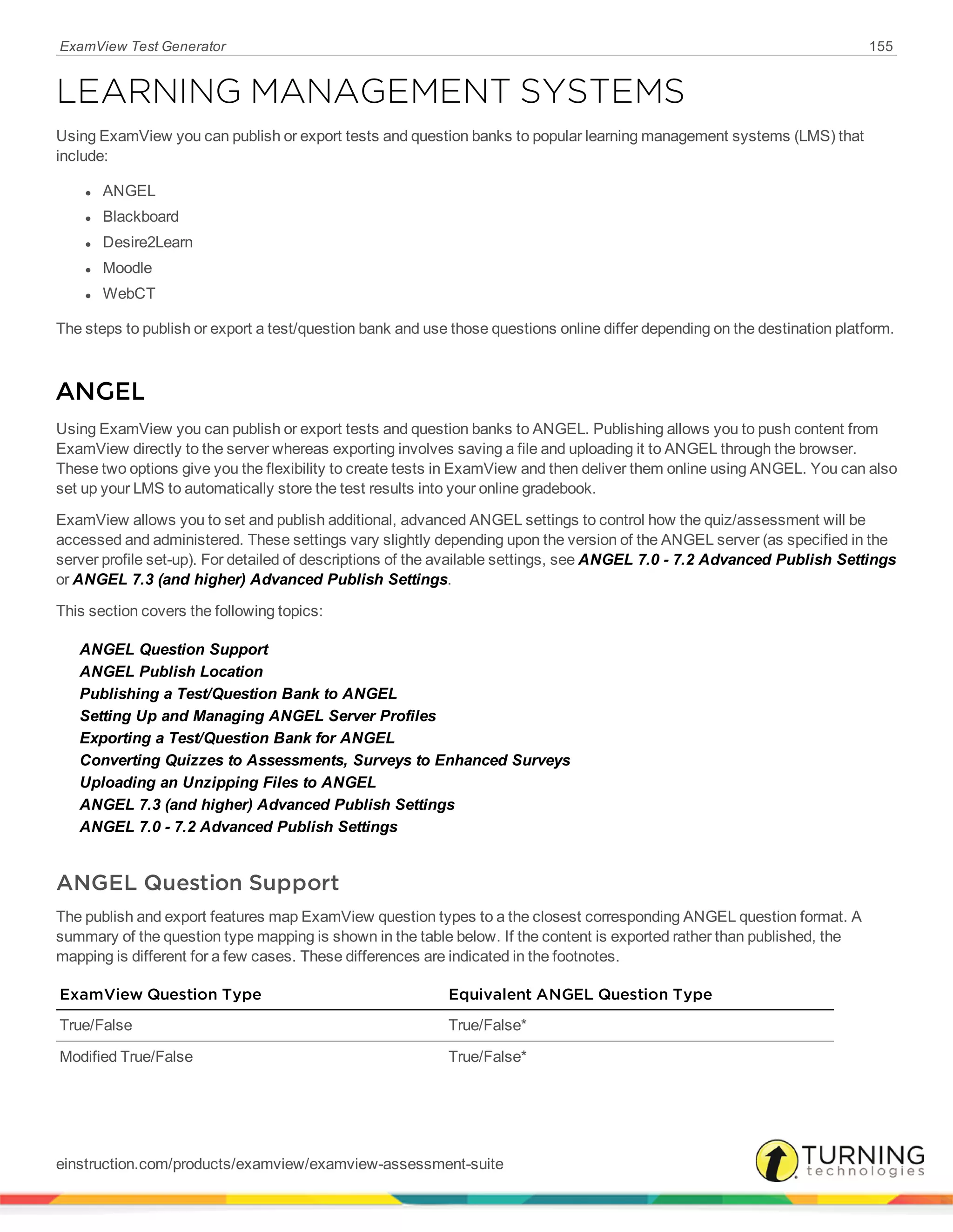 ExamView Test Generator 155
LEARNING MANAGEMENT SYSTEMS
Using ExamView you can publish or export tests and question banks to popular learning management systems (LMS) that
include:
l ANGEL
l Blackboard
l Desire2Learn
l Moodle
l WebCT
The steps to publish or export a test/question bank and use those questions online differ depending on the destination platform.
ANGEL
Using ExamView you can publish or export tests and question banks to ANGEL. Publishing allows you to push content from
ExamView directly to the server whereas exporting involves saving a file and uploading it to ANGEL through the browser.
These two options give you the flexibility to create tests in ExamView and then deliver them online using ANGEL. You can also
set up your LMS to automatically store the test results into your online gradebook.
ExamView allows you to set and publish additional, advanced ANGEL settings to control how the quiz/assessment will be
accessed and administered. These settings vary slightly depending upon the version of the ANGEL server (as specified in the
server profile set-up). For detailed of descriptions of the available settings, see ANGEL 7.0 - 7.2 Advanced Publish Settings
or ANGEL 7.3 (and higher) Advanced Publish Settings.
This section covers the following topics:
ANGEL Question Support
ANGEL Publish Location
Publishing a Test/Question Bank to ANGEL
Setting Up and Managing ANGEL Server Profiles
Exporting a Test/Question Bank for ANGEL
Converting Quizzes to Assessments, Surveys to Enhanced Surveys
Uploading an Unzipping Files to ANGEL
ANGEL 7.3 (and higher) Advanced Publish Settings
ANGEL 7.0 - 7.2 Advanced Publish Settings
ANGEL Question Support
The publish and export features map ExamView question types to a the closest corresponding ANGEL question format. A
summary of the question type mapping is shown in the table below. If the content is exported rather than published, the
mapping is different for a few cases. These differences are indicated in the footnotes.
ExamView Question Type Equivalent ANGEL Question Type
True/False True/False*
Modified True/False True/False*
einstruction.com/products/examview/examview-assessment-suite
 
