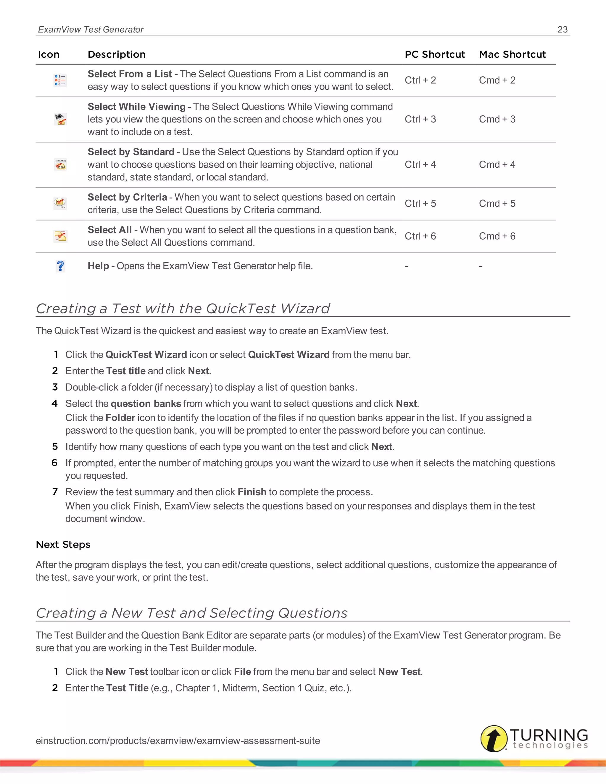 ExamView Test Generator 23
Icon Description PC Shortcut Mac Shortcut
Select From a List - The Select Questions From a List command is an
easy way to select questions if you know which ones you want to select.
Ctrl + 2 Cmd + 2
Select While Viewing - The Select Questions While Viewing command
lets you view the questions on the screen and choose which ones you
want to include on a test.
Ctrl + 3 Cmd + 3
Select by Standard - Use the Select Questions by Standard option if you
want to choose questions based on their learning objective, national
standard, state standard, or local standard.
Ctrl + 4 Cmd + 4
Select by Criteria - When you want to select questions based on certain
criteria, use the Select Questions by Criteria command.
Ctrl + 5 Cmd + 5
Select All - When you want to select all the questions in a question bank,
use the Select All Questions command.
Ctrl + 6 Cmd + 6
Help - Opens the ExamView Test Generator help file. - -
Creating a Test with the QuickTest Wizard
The QuickTest Wizard is the quickest and easiest way to create an ExamView test.
1 Click the QuickTest Wizard icon or select QuickTest Wizard from the menu bar.
2 Enter the Test title and click Next.
3 Double-click a folder (if necessary) to display a list of question banks.
4 Select the question banks from which you want to select questions and click Next.
Click the Folder icon to identify the location of the files if no question banks appear in the list. If you assigned a
password to the question bank, you will be prompted to enter the password before you can continue.
5 Identify how many questions of each type you want on the test and click Next.
6 If prompted, enter the number of matching groups you want the wizard to use when it selects the matching questions
you requested.
7 Review the test summary and then click Finish to complete the process.
When you click Finish, ExamView selects the questions based on your responses and displays them in the test
document window.
Next Steps
After the program displays the test, you can edit/create questions, select additional questions, customize the appearance of
the test, save your work, or print the test.
Creating a New Test and Selecting Questions
The Test Builder and the Question Bank Editor are separate parts (or modules) of the ExamView Test Generator program. Be
sure that you are working in the Test Builder module.
1 Click the New Test toolbar icon or click File from the menu bar and select New Test.
2 Enter the Test Title (e.g., Chapter 1, Midterm, Section 1 Quiz, etc.).
einstruction.com/products/examview/examview-assessment-suite
 
