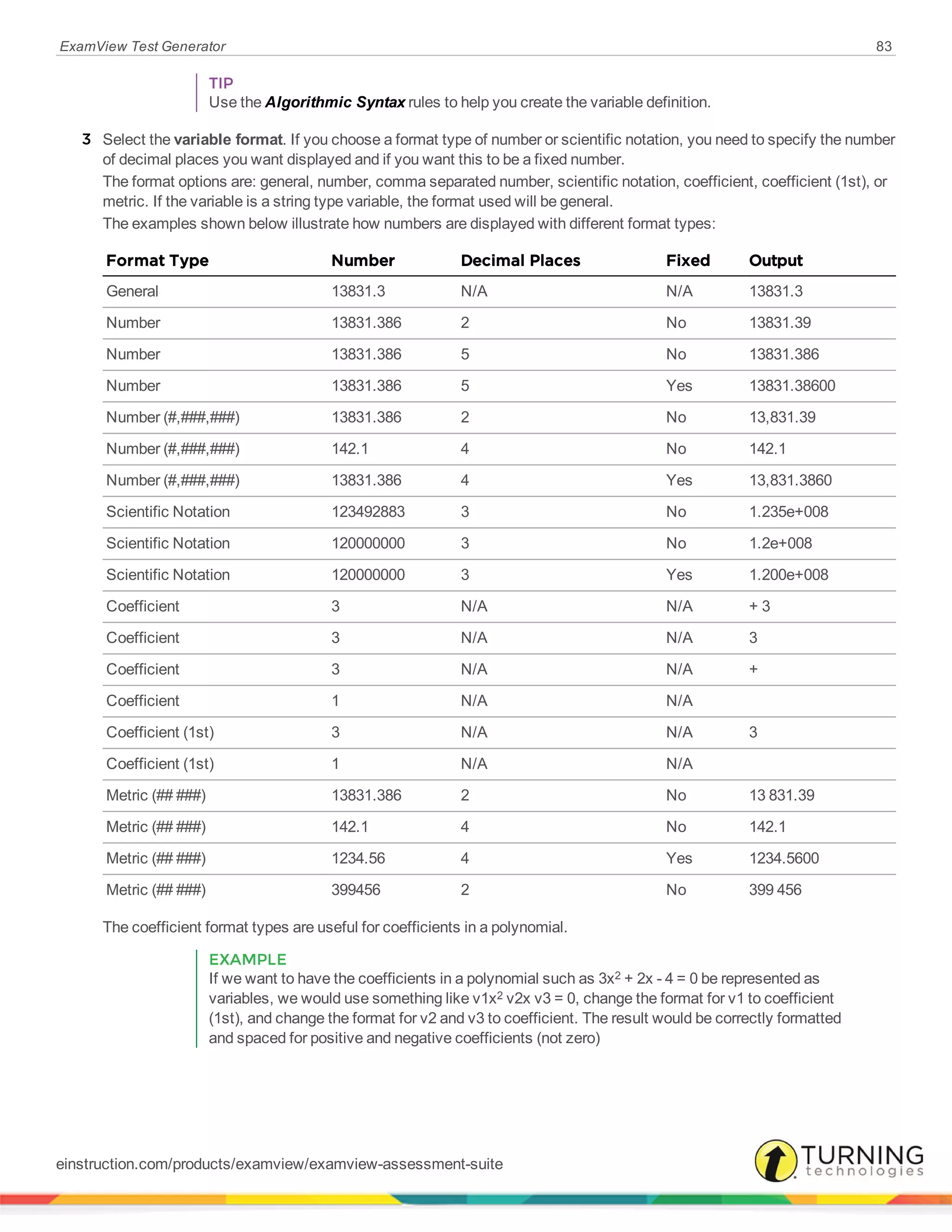 ExamView Test Generator 83
TIP
Use the Algorithmic Syntax rules to help you create the variable definition.
3 Select the variable format. If you choose a format type of number or scientific notation, you need to specify the number
of decimal places you want displayed and if you want this to be a fixed number.
The format options are: general, number, comma separated number, scientific notation, coefficient, coefficient (1st), or
metric. If the variable is a string type variable, the format used will be general.
The examples shown below illustrate how numbers are displayed with different format types:
Format Type Number Decimal Places Fixed Output
General 13831.3 N/A N/A 13831.3
Number 13831.386 2 No 13831.39
Number 13831.386 5 No 13831.386
Number 13831.386 5 Yes 13831.38600
Number (#,###,###) 13831.386 2 No 13,831.39
Number (#,###,###) 142.1 4 No 142.1
Number (#,###,###) 13831.386 4 Yes 13,831.3860
Scientific Notation 123492883 3 No 1.235e+008
Scientific Notation 120000000 3 No 1.2e+008
Scientific Notation 120000000 3 Yes 1.200e+008
Coefficient 3 N/A N/A + 3
Coefficient 3 N/A N/A 3
Coefficient 3 N/A N/A +
Coefficient 1 N/A N/A
Coefficient (1st) 3 N/A N/A 3
Coefficient (1st) 1 N/A N/A
Metric (## ###) 13831.386 2 No 13 831.39
Metric (## ###) 142.1 4 No 142.1
Metric (## ###) 1234.56 4 Yes 1234.5600
Metric (## ###) 399456 2 No 399 456
The coefficient format types are useful for coefficients in a polynomial.
EXAMPLE
If we want to have the coefficients in a polynomial such as 3x2 + 2x - 4 = 0 be represented as
variables, we would use something like v1x2 v2x v3 = 0, change the format for v1 to coefficient
(1st), and change the format for v2 and v3 to coefficient. The result would be correctly formatted
and spaced for positive and negative coefficients (not zero)
einstruction.com/products/examview/examview-assessment-suite
 