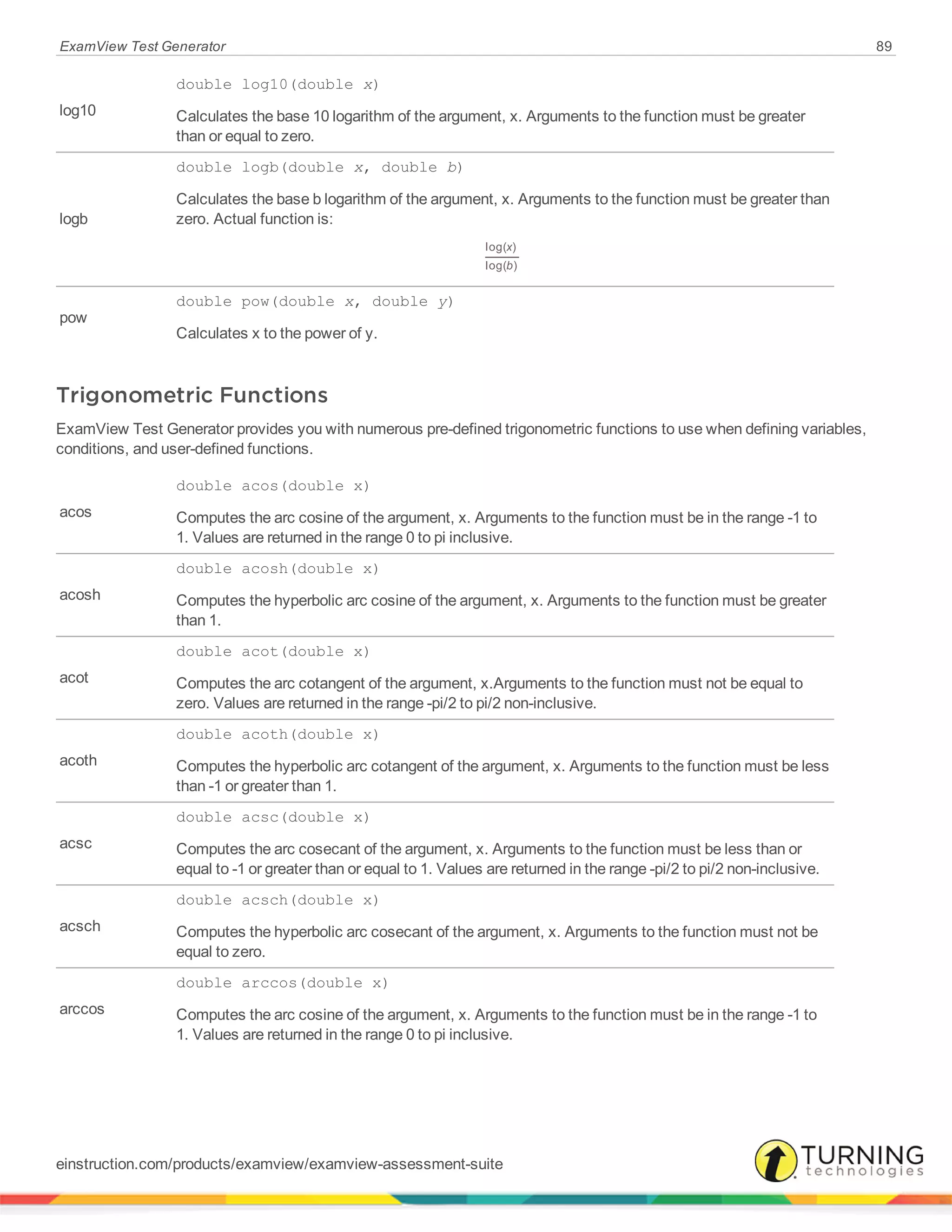 ExamView Test Generator 89
log10
double log10(double x)
Calculates the base 10 logarithm of the argument, x. Arguments to the function must be greater
than or equal to zero.
logb
double logb(double x, double b)
Calculates the base b logarithm of the argument, x. Arguments to the function must be greater than
zero. Actual function is:
x
b
log( )
log( )
pow
double pow(double x, double y)
Calculates x to the power of y.
Trigonometric Functions
ExamView Test Generator provides you with numerous pre-defined trigonometric functions to use when defining variables,
conditions, and user-defined functions.
acos
double acos(double x)
Computes the arc cosine of the argument, x. Arguments to the function must be in the range -1 to
1. Values are returned in the range 0 to pi inclusive.
acosh
double acosh(double x)
Computes the hyperbolic arc cosine of the argument, x. Arguments to the function must be greater
than 1.
acot
double acot(double x)
Computes the arc cotangent of the argument, x.Arguments to the function must not be equal to
zero. Values are returned in the range -pi/2 to pi/2 non-inclusive.
acoth
double acoth(double x)
Computes the hyperbolic arc cotangent of the argument, x. Arguments to the function must be less
than -1 or greater than 1.
acsc
double acsc(double x)
Computes the arc cosecant of the argument, x. Arguments to the function must be less than or
equal to -1 or greater than or equal to 1. Values are returned in the range -pi/2 to pi/2 non-inclusive.
acsch
double acsch(double x)
Computes the hyperbolic arc cosecant of the argument, x. Arguments to the function must not be
equal to zero.
arccos
double arccos(double x)
Computes the arc cosine of the argument, x. Arguments to the function must be in the range -1 to
1. Values are returned in the range 0 to pi inclusive.
einstruction.com/products/examview/examview-assessment-suite
 