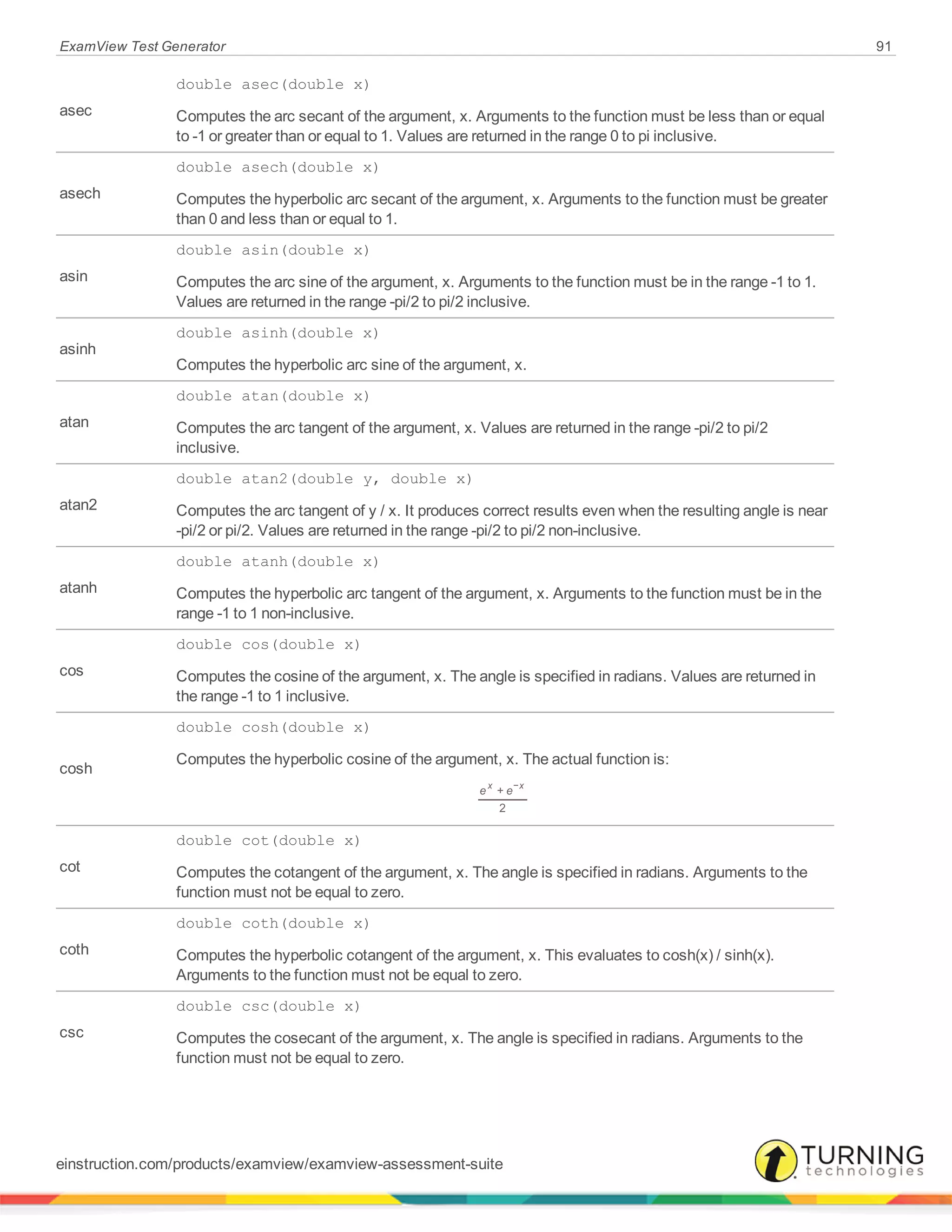 ExamView Test Generator 91
asec
double asec(double x)
Computes the arc secant of the argument, x. Arguments to the function must be less than or equal
to -1 or greater than or equal to 1. Values are returned in the range 0 to pi inclusive.
asech
double asech(double x)
Computes the hyperbolic arc secant of the argument, x. Arguments to the function must be greater
than 0 and less than or equal to 1.
asin
double asin(double x)
Computes the arc sine of the argument, x. Arguments to the function must be in the range -1 to 1.
Values are returned in the range -pi/2 to pi/2 inclusive.
asinh
double asinh(double x)
Computes the hyperbolic arc sine of the argument, x.
atan
double atan(double x)
Computes the arc tangent of the argument, x. Values are returned in the range -pi/2 to pi/2
inclusive.
atan2
double atan2(double y, double x)
Computes the arc tangent of y / x. It produces correct results even when the resulting angle is near
-pi/2 or pi/2. Values are returned in the range -pi/2 to pi/2 non-inclusive.
atanh
double atanh(double x)
Computes the hyperbolic arc tangent of the argument, x. Arguments to the function must be in the
range -1 to 1 non-inclusive.
cos
double cos(double x)
Computes the cosine of the argument, x. The angle is specified in radians. Values are returned in
the range -1 to 1 inclusive.
cosh
double cosh(double x)
Computes the hyperbolic cosine of the argument, x. The actual function is:
e e+
2
x x−
cot
double cot(double x)
Computes the cotangent of the argument, x. The angle is specified in radians. Arguments to the
function must not be equal to zero.
coth
double coth(double x)
Computes the hyperbolic cotangent of the argument, x. This evaluates to cosh(x) / sinh(x).
Arguments to the function must not be equal to zero.
csc
double csc(double x)
Computes the cosecant of the argument, x. The angle is specified in radians. Arguments to the
function must not be equal to zero.
einstruction.com/products/examview/examview-assessment-suite
 