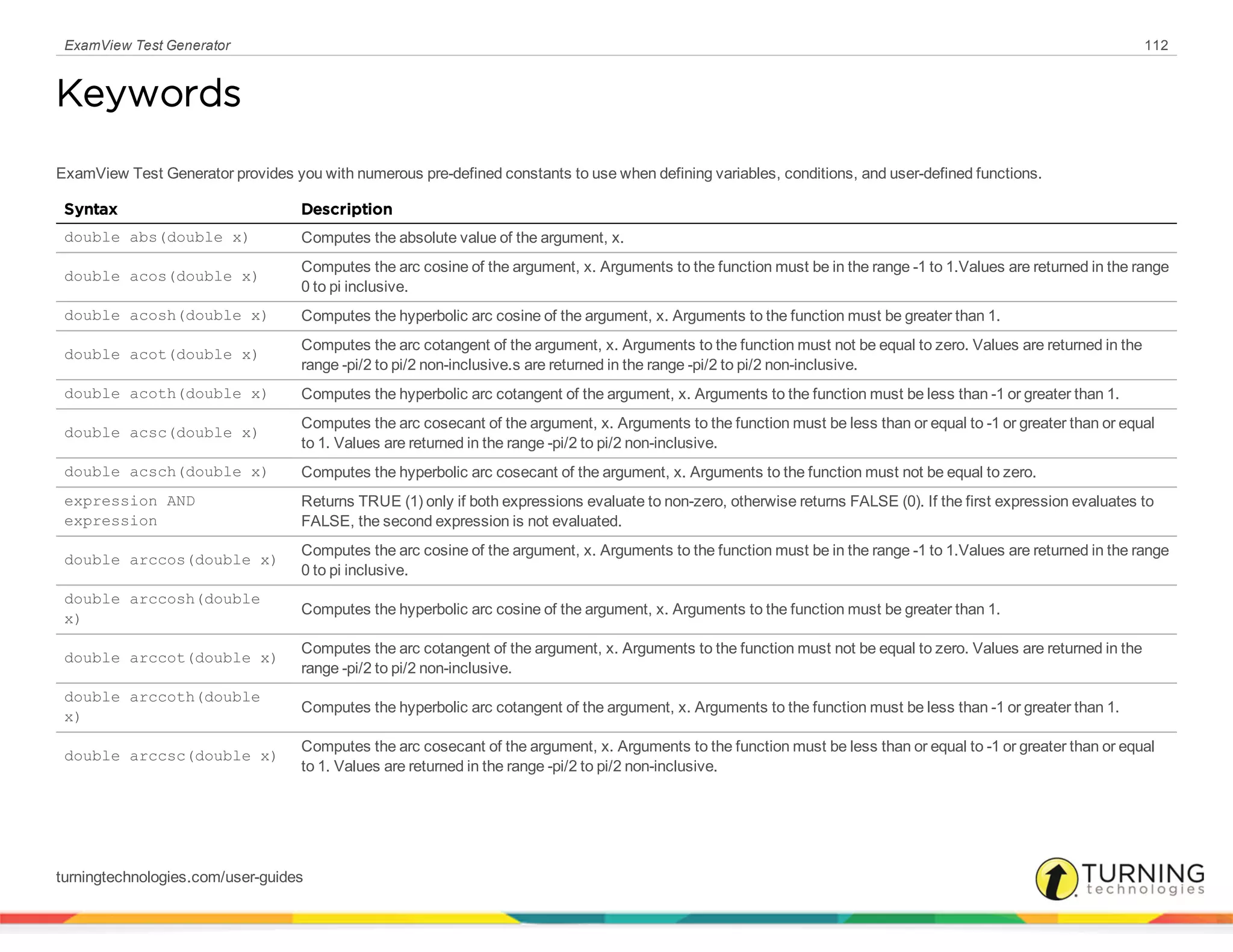 ExamView Test Generator 112
Keywords
ExamView Test Generator provides you with numerous pre-defined constants to use when defining variables, conditions, and user-defined functions.
Syntax Description
double abs(double x) Computes the absolute value of the argument, x.
double acos(double x)
Computes the arc cosine of the argument, x. Arguments to the function must be in the range -1 to 1.Values are returned in the range
0 to pi inclusive.
double acosh(double x) Computes the hyperbolic arc cosine of the argument, x. Arguments to the function must be greater than 1.
double acot(double x)
Computes the arc cotangent of the argument, x. Arguments to the function must not be equal to zero. Values are returned in the
range -pi/2 to pi/2 non-inclusive.s are returned in the range -pi/2 to pi/2 non-inclusive.
double acoth(double x) Computes the hyperbolic arc cotangent of the argument, x. Arguments to the function must be less than -1 or greater than 1.
double acsc(double x)
Computes the arc cosecant of the argument, x. Arguments to the function must be less than or equal to -1 or greater than or equal
to 1. Values are returned in the range -pi/2 to pi/2 non-inclusive.
double acsch(double x) Computes the hyperbolic arc cosecant of the argument, x. Arguments to the function must not be equal to zero.
expression AND
expression
Returns TRUE (1) only if both expressions evaluate to non-zero, otherwise returns FALSE (0). If the first expression evaluates to
FALSE, the second expression is not evaluated.
double arccos(double x)
Computes the arc cosine of the argument, x. Arguments to the function must be in the range -1 to 1.Values are returned in the range
0 to pi inclusive.
double arccosh(double
x)
Computes the hyperbolic arc cosine of the argument, x. Arguments to the function must be greater than 1.
double arccot(double x)
Computes the arc cotangent of the argument, x. Arguments to the function must not be equal to zero. Values are returned in the
range -pi/2 to pi/2 non-inclusive.
double arccoth(double
x)
Computes the hyperbolic arc cotangent of the argument, x. Arguments to the function must be less than -1 or greater than 1.
double arccsc(double x)
Computes the arc cosecant of the argument, x. Arguments to the function must be less than or equal to -1 or greater than or equal
to 1. Values are returned in the range -pi/2 to pi/2 non-inclusive.
turningtechnologies.com/user-guides
 