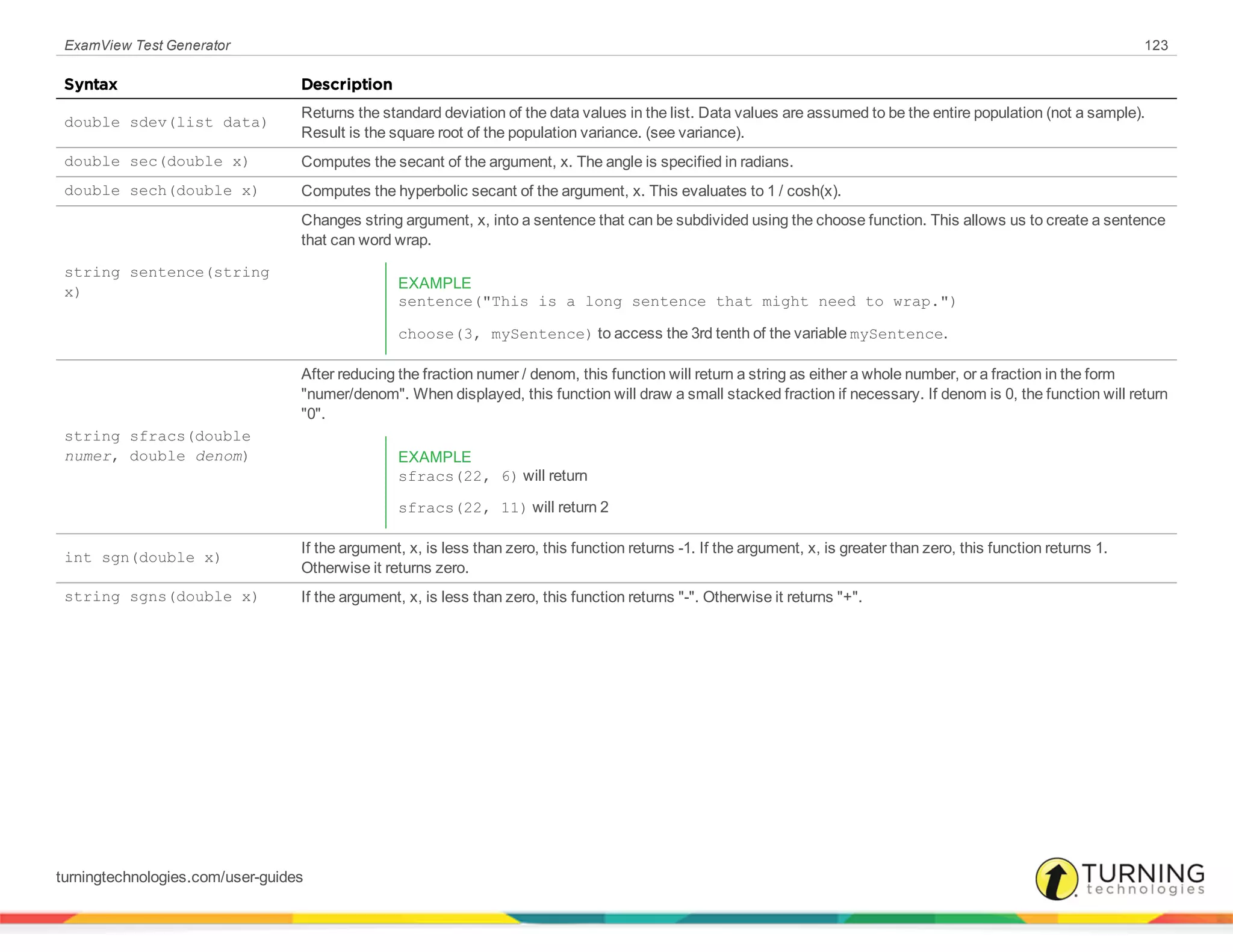 ExamView Test Generator 123
Syntax Description
double sdev(list data)
Returns the standard deviation of the data values in the list. Data values are assumed to be the entire population (not a sample).
Result is the square root of the population variance. (see variance).
double sec(double x) Computes the secant of the argument, x. The angle is specified in radians.
double sech(double x) Computes the hyperbolic secant of the argument, x. This evaluates to 1 / cosh(x).
string sentence(string
x)
Changes string argument, x, into a sentence that can be subdivided using the choose function. This allows us to create a sentence
that can word wrap.
EXAMPLE
sentence("This is a long sentence that might need to wrap.")
choose(3, mySentence) to access the 3rd tenth of the variable mySentence.
string sfracs(double
numer, double denom)
After reducing the fraction numer / denom, this function will return a string as either a whole number, or a fraction in the form
"numer/denom". When displayed, this function will draw a small stacked fraction if necessary. If denom is 0, the function will return
"0".
EXAMPLE
sfracs(22, 6) will return
sfracs(22, 11) will return 2
int sgn(double x)
If the argument, x, is less than zero, this function returns -1. If the argument, x, is greater than zero, this function returns 1.
Otherwise it returns zero.
string sgns(double x) If the argument, x, is less than zero, this function returns "-". Otherwise it returns "+".
turningtechnologies.com/user-guides
 
