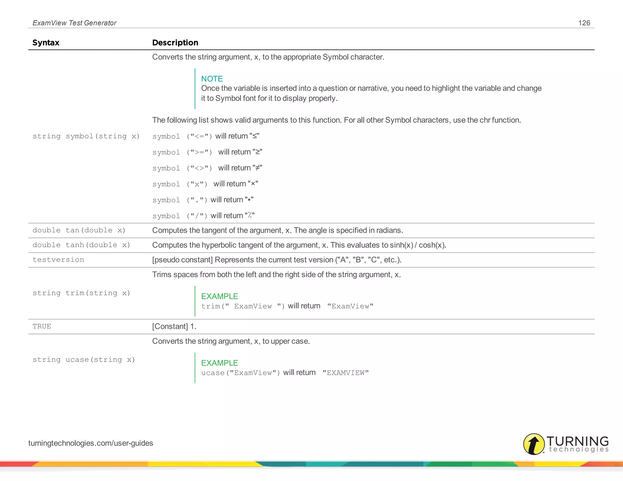 ExamView Test Generator 126
Syntax Description
string symbol(string x)
Converts the string argument, x, to the appropriate Symbol character.
NOTE
Once the variable is inserted into a question or narrative, you need to highlight the variable and change
it to Symbol font for it to display properly.
The following list shows valid arguments to this function. For all other Symbol characters, use the chr function.
symbol ("<=") will return "≤"
symbol (">=") will return "≥"
symbol ("<>") will return "≠"
symbol ("x") will return "×"
symbol (".") will return "▪"
symbol ("/") will return "٪"
double tan(double x) Computes the tangent of the argument, x. The angle is specified in radians.
double tanh(double x) Computes the hyperbolic tangent of the argument, x. This evaluates to sinh(x) / cosh(x).
testversion [pseudo constant] Represents the current test version ("A", "B", "C", etc.).
string trim(string x)
Trims spaces from both the left and the right side of the string argument, x.
EXAMPLE
trim(" ExamView ") will return "ExamView"
TRUE [Constant] 1.
string ucase(string x)
Converts the string argument, x, to upper case.
EXAMPLE
ucase("ExamView") will return "EXAMVIEW"
turningtechnologies.com/user-guides
 
