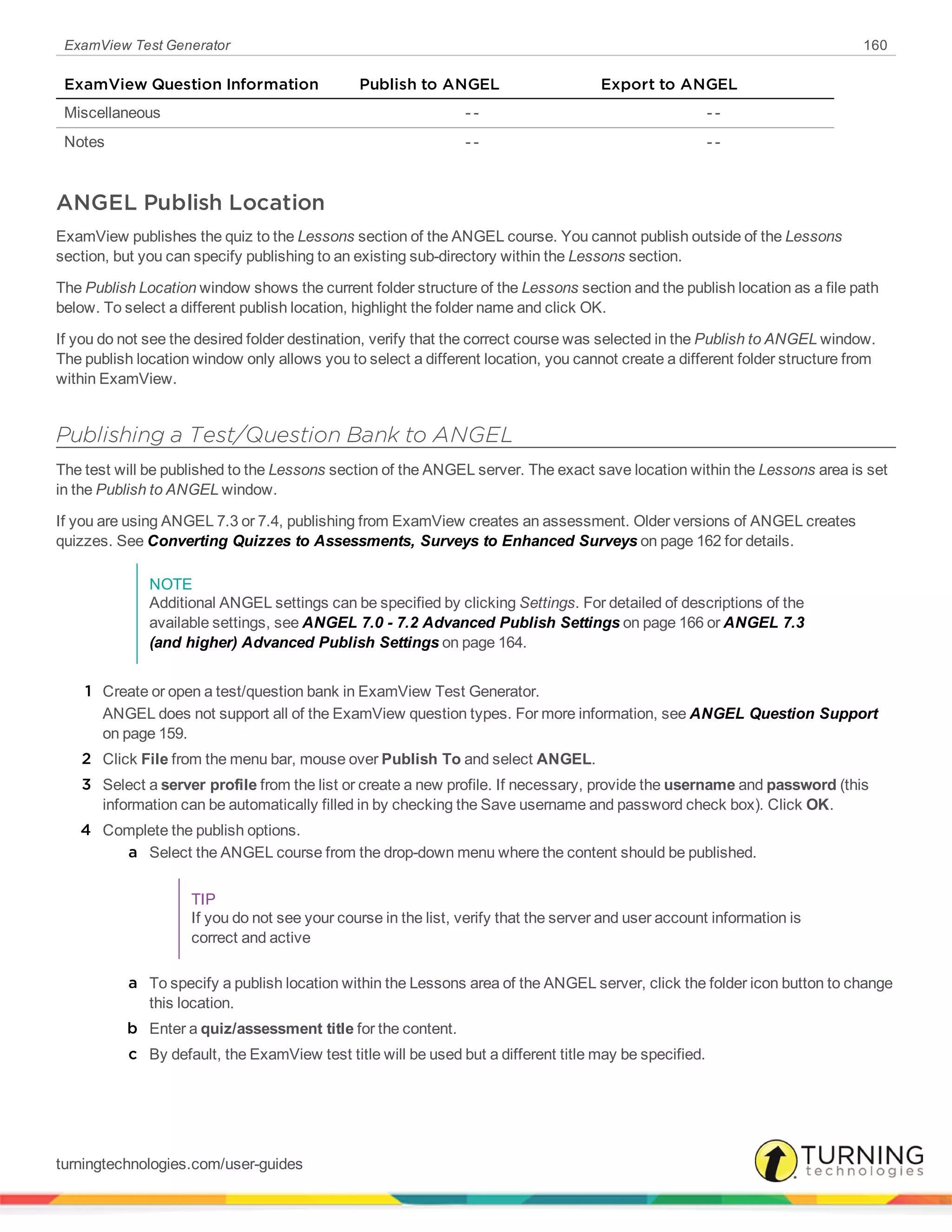 ExamView Test Generator 160
ExamView Question Information Publish to ANGEL Export to ANGEL
Miscellaneous - - - -
Notes - - - -
ANGEL Publish Location
ExamView publishes the quiz to the Lessons section of the ANGEL course. You cannot publish outside of the Lessons
section, but you can specify publishing to an existing sub-directory within the Lessons section.
The Publish Location window shows the current folder structure of the Lessons section and the publish location as a file path
below. To select a different publish location, highlight the folder name and click OK.
If you do not see the desired folder destination, verify that the correct course was selected in the Publish to ANGEL window.
The publish location window only allows you to select a different location, you cannot create a different folder structure from
within ExamView.
Publishing a Test/Question Bank to ANGEL
The test will be published to the Lessons section of the ANGEL server. The exact save location within the Lessons area is set
in the Publish to ANGEL window.
If you are using ANGEL 7.3 or 7.4, publishing from ExamView creates an assessment. Older versions of ANGEL creates
quizzes. See Converting Quizzes to Assessments, Surveys to Enhanced Surveys on page 162 for details.
NOTE
Additional ANGEL settings can be specified by clicking Settings. For detailed of descriptions of the
available settings, see ANGEL 7.0 - 7.2 Advanced Publish Settings on page 166 or ANGEL 7.3
(and higher) Advanced Publish Settings on page 164.
1 Create or open a test/question bank in ExamView Test Generator.
ANGEL does not support all of the ExamView question types. For more information, see ANGEL Question Support
on page 159.
2 Click File from the menu bar, mouse over Publish To and select ANGEL.
3 Select a server profile from the list or create a new profile. If necessary, provide the username and password (this
information can be automatically filled in by checking the Save username and password check box). Click OK.
4 Complete the publish options.
a Select the ANGEL course from the drop-down menu where the content should be published.
TIP
If you do not see your course in the list, verify that the server and user account information is
correct and active
a To specify a publish location within the Lessons area of the ANGEL server, click the folder icon button to change
this location.
b Enter a quiz/assessment title for the content.
c By default, the ExamView test title will be used but a different title may be specified.
turningtechnologies.com/user-guides
 