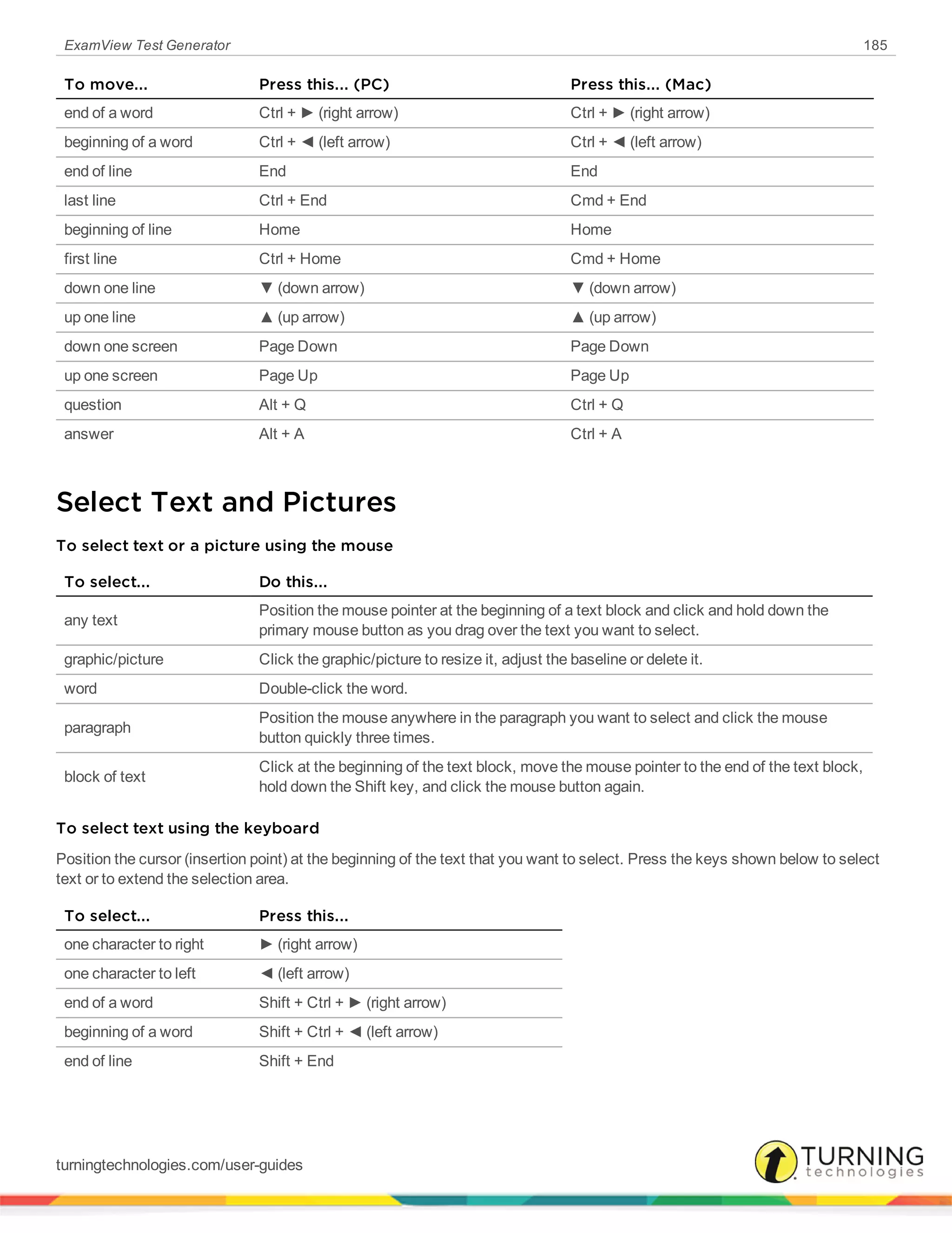 ExamView Test Generator 185
To move... Press this... (PC) Press this... (Mac)
end of a word Ctrl + ► (right arrow) Ctrl + ► (right arrow)
beginning of a word Ctrl + ◄ (left arrow) Ctrl + ◄ (left arrow)
end of line End End
last line Ctrl + End Cmd + End
beginning of line Home Home
first line Ctrl + Home Cmd + Home
down one line ▼ (down arrow) ▼ (down arrow)
up one line ▲ (up arrow) ▲ (up arrow)
down one screen Page Down Page Down
up one screen Page Up Page Up
question Alt + Q Ctrl + Q
answer Alt + A Ctrl + A
Select Text and Pictures
To select text or a picture using the mouse
To select... Do this...
any text
Position the mouse pointer at the beginning of a text block and click and hold down the
primary mouse button as you drag over the text you want to select.
graphic/picture Click the graphic/picture to resize it, adjust the baseline or delete it.
word Double-click the word.
paragraph
Position the mouse anywhere in the paragraph you want to select and click the mouse
button quickly three times.
block of text
Click at the beginning of the text block, move the mouse pointer to the end of the text block,
hold down the Shift key, and click the mouse button again.
To select text using the keyboard
Position the cursor (insertion point) at the beginning of the text that you want to select. Press the keys shown below to select
text or to extend the selection area.
To select... Press this...
one character to right ► (right arrow)
one character to left ◄ (left arrow)
end of a word Shift + Ctrl + ► (right arrow)
beginning of a word Shift + Ctrl + ◄ (left arrow)
end of line Shift + End
turningtechnologies.com/user-guides
 