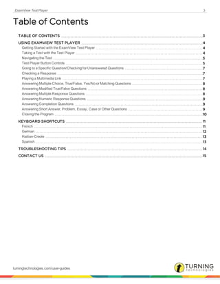 ExamView Test Player 3
Table of Contents
TABLE OF CONTENTS 3
USING EXAMVIEW TEST PLAYER 4
Getting Started with the ExamView Test Player 4
Taking a Test with the Test Player 4
Navigating the Test 5
Test Player Button Controls 5
Going to a Specific Question/Checking for Unanswered Questions 7
Checking a Response 7
Playing a Multimedia Link 7
Answering Multiple Choice, True/False, Yes/No or Matching Questions 8
Answering Modified True/False Questions 8
Answering Multiple Response Questions 8
Answering Numeric Response Questions 9
Answering Completion Questions 9
Answering Short Answer, Problem, Essay, Case or Other Questions 9
Closing the Program 10
KEYBOARD SHORTCUTS 11
French 11
German 12
Haitian-Creole 13
Spanish 13
TROUBLESHOOTING TIPS 14
CONTACT US 15
turningtechnologies.com/user-guides
 