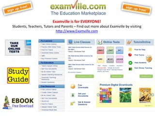 Examville is for EVERYONE!
Students, Teachers, Tutors and Parents – Find out more about Examville by visiting
                            http://www.Examville.com
 
