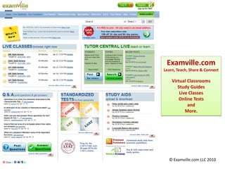 Examville.com
Learn, Teach, Share & Connect

    Virtual Classrooms
       Study Guides
        Live Classes
       Online Tests
            and
           More.




  © Examville.com LLC 2010
 