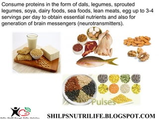SHILPSNUTRILIFE.BLOGSPOT.COM
Consume proteins in the form of dals, legumes, sprouted
legumes, soya, dairy foods, sea foods, lean meats, egg up to 3-4
servings per day to obtain essential nutrients and also for
generation of brain messengers (neurotransmitters).
 