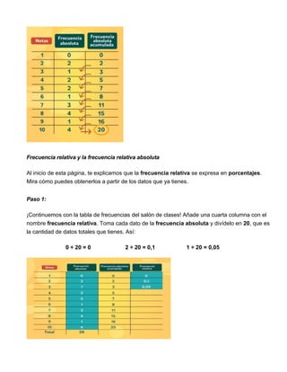 Frecuencia relativa y la frecuencia relativa absoluta
Al inicio de esta página, te explicamos que la frecuencia relativa se expresa en porcentajes.
Mira cómo puedes obtenerlos a partir de los datos que ya tienes.
Paso 1:
¡Continuemos con la tabla de frecuencias del salón de clases! Añade una cuarta columna con el
nombre frecuencia relativa. Toma cada dato de la frecuencia absoluta y divídelo en 20, que es
la cantidad de datos totales que tienes. Así:
0 ÷ 20 = 0 2 ÷ 20 = 0,1 1 ÷ 20 = 0,05
 