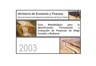 Ministerio de Economía y Finanzas
2003
Dirección General de Programación Multianual del Sector Público
Guía Metodológica para la
Identificación, Formulación y
Evaluación de Proyectos de Riego
Grandes y Medianos
 