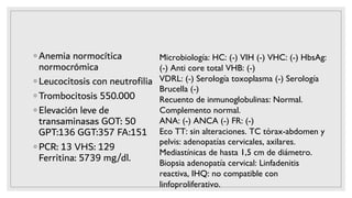 ◦ Anemia normocítica
normocrómica
◦ Leucocitosis con neutroﬁlia
◦ Trombocitosis 550.000
◦ Elevación leve de
transaminasas GOT: 50
GPT:136 GGT:357 FA:151
◦ PCR: 13 VHS: 129
Ferritina: 5739 mg/dl.
Microbiología: HC: (-) VIH (-) VHC: (-) HbsAg:
(-) Anti core total VHB: (-)
VDRL: (-) Serología toxoplasma (-) Serología
Brucella (-)
Recuento de inmunoglobulinas: Normal.
Complemento normal.
ANA: (-) ANCA (-) FR: (-)
Eco TT: sin alteraciones. TC tórax-abdomen y
pelvis: adenopatías cervicales, axilares.
Mediastínicas de hasta 1,5 cm de diámetro.
Biopsia adenopatía cervical: Linfadenitis
reactiva, IHQ: no compatible con
linfoproliferativo.
 