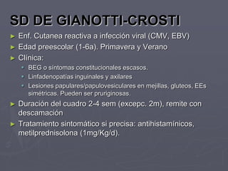 SD DE GIANOTTI-CROSTI
► Enf. Cutanea reactiva a infección viral (CMV, EBV)
► Edad preescolar (1-6a). Primavera y Verano
► Clínica:
     BEG o síntomas constitucionales escasos.
     Linfadenopatías inguinales y axilares
     Lesiones papulares/papulovesiculares en mejillas, gluteos, EEs
      simétricas. Pueden ser pruriginosas.
►   Duración del cuadro 2-4 sem (excepc. 2m), remite con
    descamación
►   Tratamiento sintomático si precisa: antihistamínicos,
    metilprednisolona (1mg/Kg/d).
 