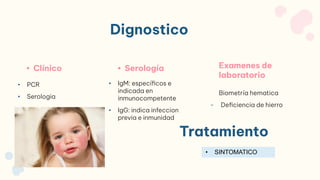 • PCR
• Serologia
• IgM: específicos e
indicada en
inmunocompetente
• IgG: indica infeccion
previa e inmunidad
• Clínico • Serología
Dignostico
Biometría hematica
- Deficiencia de hierro
Examenes de
laboratorio
Tratamiento
• SINTOMATICO
 