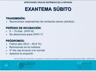 INFECCIONES VIRALES SISTÉMICAS DE LA INFANCIA



                        EXANTEMA SÚBITO
TRANSMISIÓN:
 Secreciones respiratorias de contactos sanos (adultos)


PERÍODO DE INCUBACIÓN:
 5 – 15 días (HHV-6)
 Se desconoce para (HHV-7)


PRÓDROMOS:
 Fiebre alta (38.9 – 40.6 ºC)
 Remisiones en la mañana
 4º día cae brusca/ a lo normal
 Aparece la erupción.

      Polin RA, Ditmar MF. Infecciones con exantemas. En: Secretos de la pediatría. 2º ed. Mc Graw Hill Interamericana. México, 2008:304-307
 