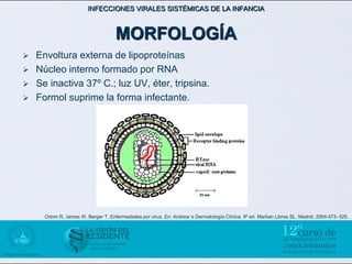 INFECCIONES VIRALES SISTÉMICAS DE LA INFANCIA



                                    MORFOLOGÍA
   Envoltura externa de lipoproteínas
   Núcleo interno formado por RNA
   Se inactiva 37º C.; luz UV, éter, tripsina.
   Formol suprime la forma infectante.




      Odom R, James W, Berger T. Enfermedades por virus. En: Andrew´s Dermatología Clínica. 9º ed. Marban Libros SL. Madrid, 2004:473- 525.
 