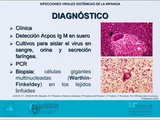 INFECCIONES VIRALES SISTÉMICAS DE LA INFANCIA



                                     DIAGNÓSTICO
   Clínica
   Detección Acpos Ig M en suero
   Cultivos para aislar el virus en
    sangre, orina y secreción
    faríngea.
   PCR
   Biopsia:    células     gigantes
    multinucleadas        (Warthin-
    Finkeldey) en los tejidos
    linfoides
LEACH CT, JENSON HB, Measles. En “Pediatric Infectious Diseases. Principles and Practice”. 2nd edition. H B Jenson. Ed. WB Saunders Company.
                                                                                                                             Philadephia 2002
 