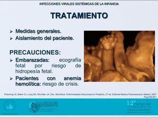 INFECCIONES VIRALES SISTÉMICAS DE LA INFANCIA



                                             TRATAMIENTO
          Medidas generales.
          Aislamiento del paciente.

     PRECAUCIONES:
          Embarazadas:         ecografía
           fetal   por      riesgo    de
           hidropesía fetal.
          Pacientes      con     anemia
           hemolítica: riesgo de crisis.
Pickering LK, Baker CJ, Long SS, Mcmillan JA, Dirs. Red Book: Enfermedades Infecciosas en Pediatría. 27 ed. Editorial Medica Panamericana: Madrid; 2007
                                                                                                                                           Pag 639-641
 