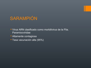 SARAMPIÓN
 Virus ARN clasificado como morbilivirus de la Flia.
Paramixoviridae
 Altamente contagiosa
 Tasa vacunación alta (95%)
 